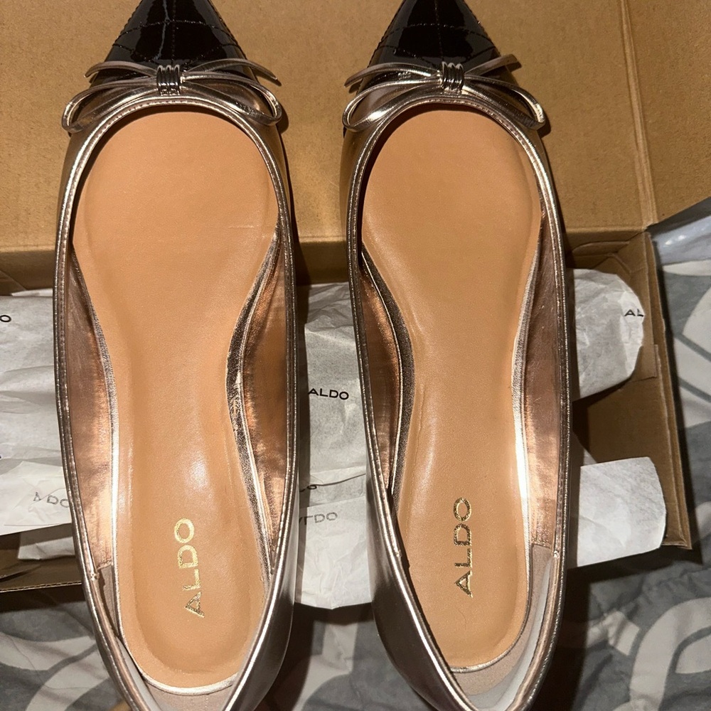 ALDO Women's Black and Gold Flats with Bow